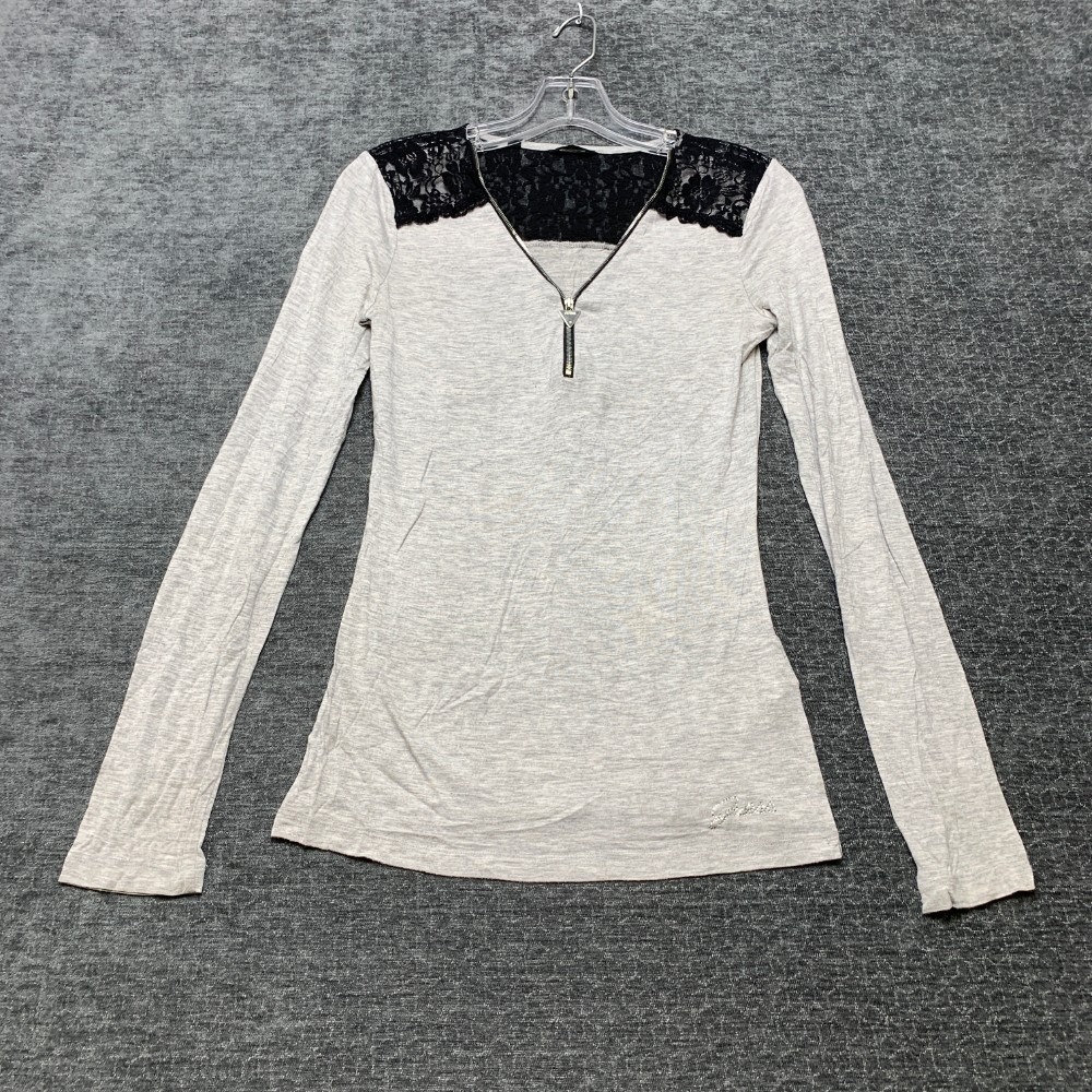 Guess Top Womens Small Black Gray Stretch Shoulder Lace Pullover Casual Outdoor